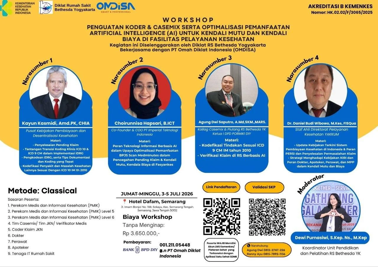 Poster Workshop Penguatan Koder & Casemix Serta Optimalisasi Pemanfaatan AI — 3-5 Juli 2026 Hotel Dafam Semarang, diselenggarakan Diklat RS Bethesda Yogyakarta bersama OMDISA