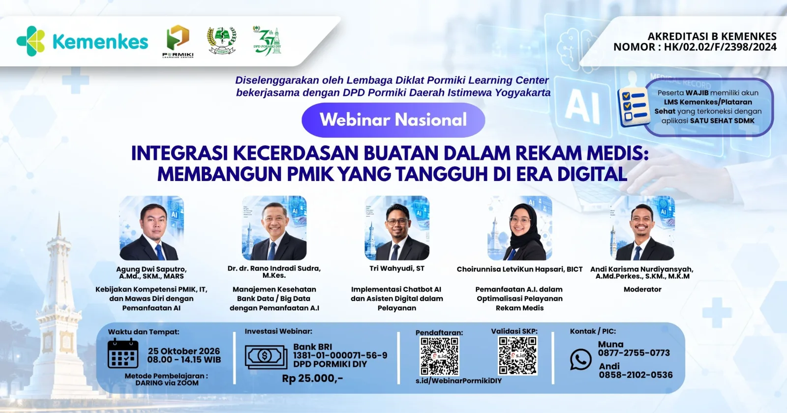 Poster resmi Webinar Nasional PORMIKI Learning Center × DPD PORMIKI DIY — Integrasi Kecerdasan Buatan dalam Rekam Medis, 25 Oktober 2026 via Zoom