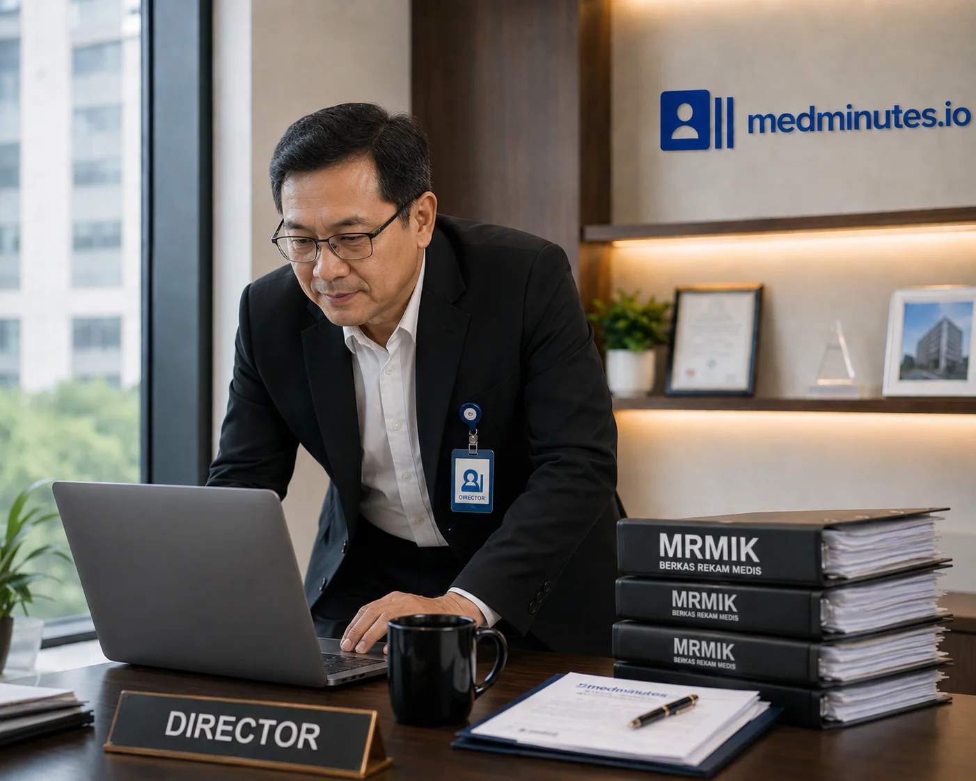 Direktur RS mereview dokumen MRMIK akreditasi rumah sakit KMK 1596/2024